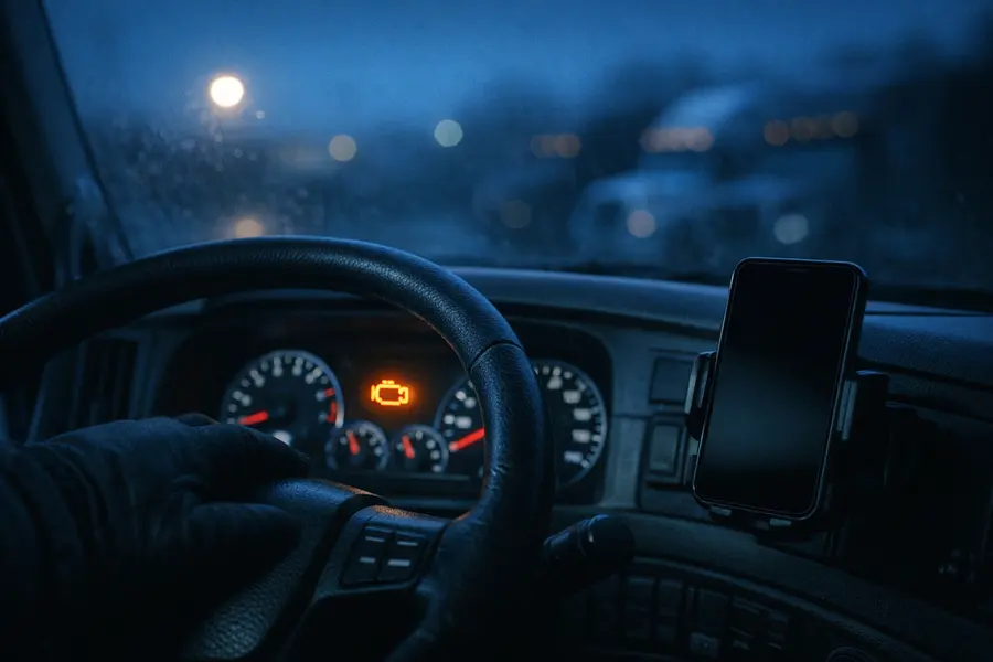 A truck's dashboard before dawn with the check engine light on and a phone in a dash mount