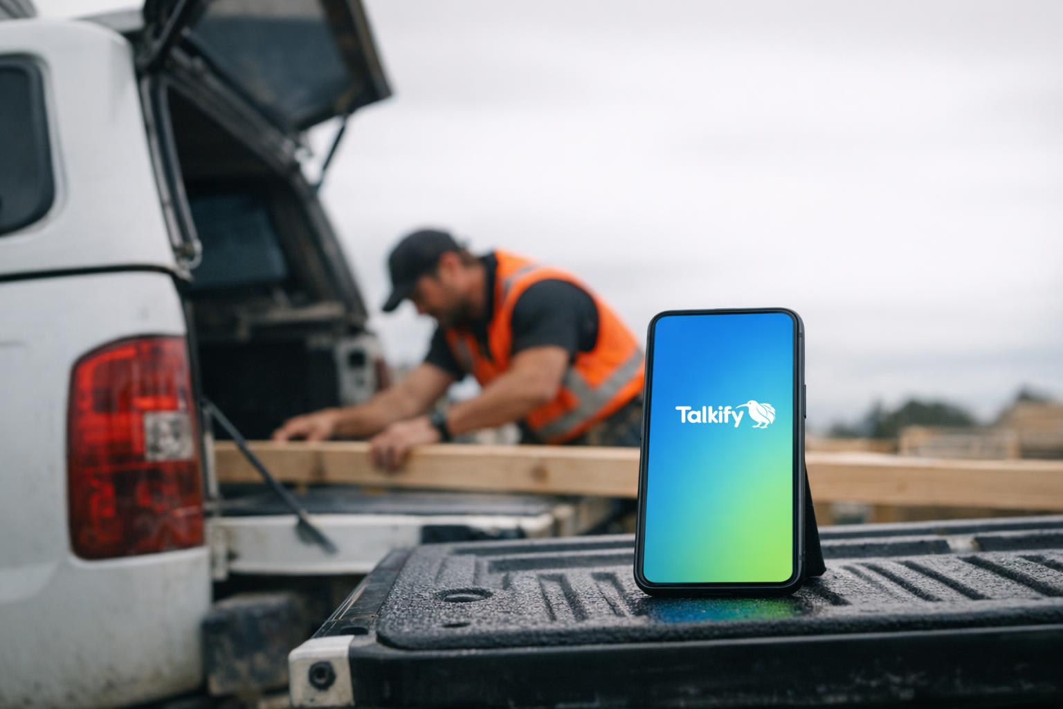 A New Zealand builder in hi-vis working on framing timber at a windy site, both hands busy, while his phone props on the ute tailgate showing the Talkify logo on a blue to green gradient screen.