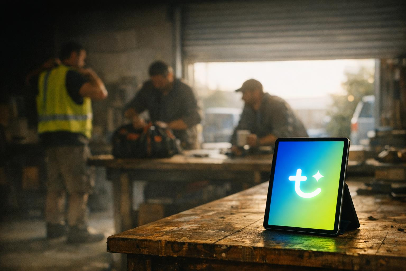 Three tradespeople getting ready for the day in a New Zealand workshop at dawn, with a tablet propped on the workbench in the foreground showing the Talkify mark on a blue to green gradient screen.