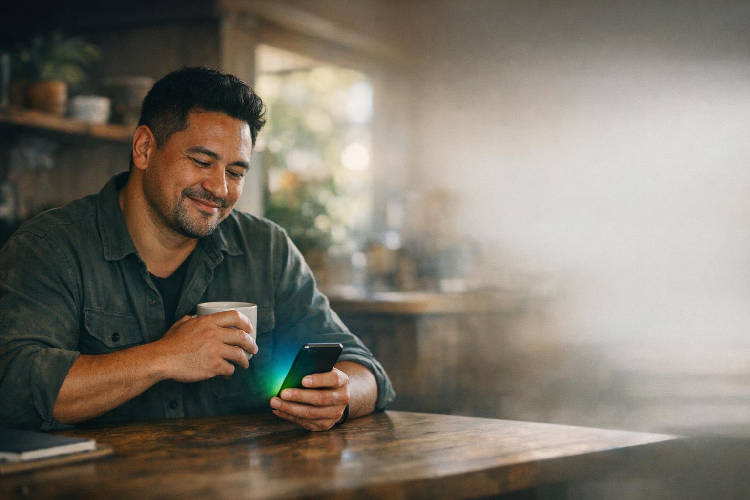 A relaxed New Zealand small business owner with a coffee, smiling at his phone as good results come in, a soft blue to green glow rising from the screen.