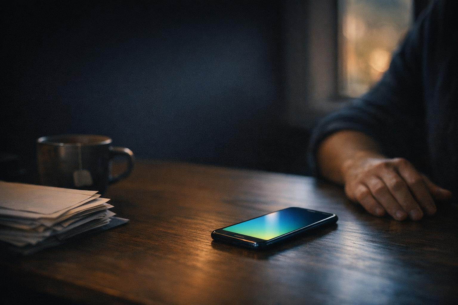 A quiet home office desk at dusk with a stack of unpaid invoices out of focus and a phone glowing in the Talkify blue to green gradient, handling the call for the owner.
