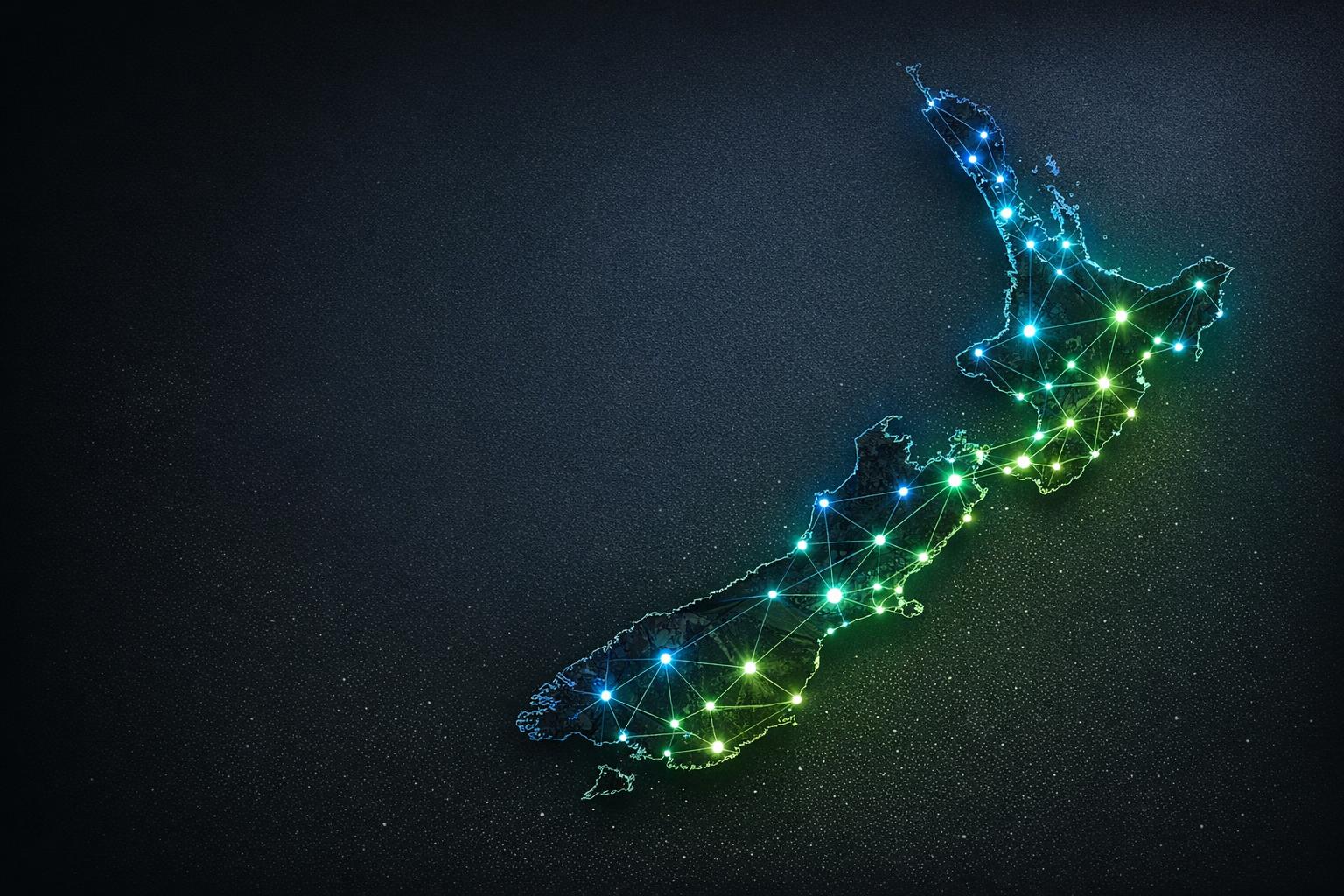 A stylised map of New Zealand with both islands lit up by a glowing blue and green network, representing hundreds of Talkify AI phone agents connected across the country.