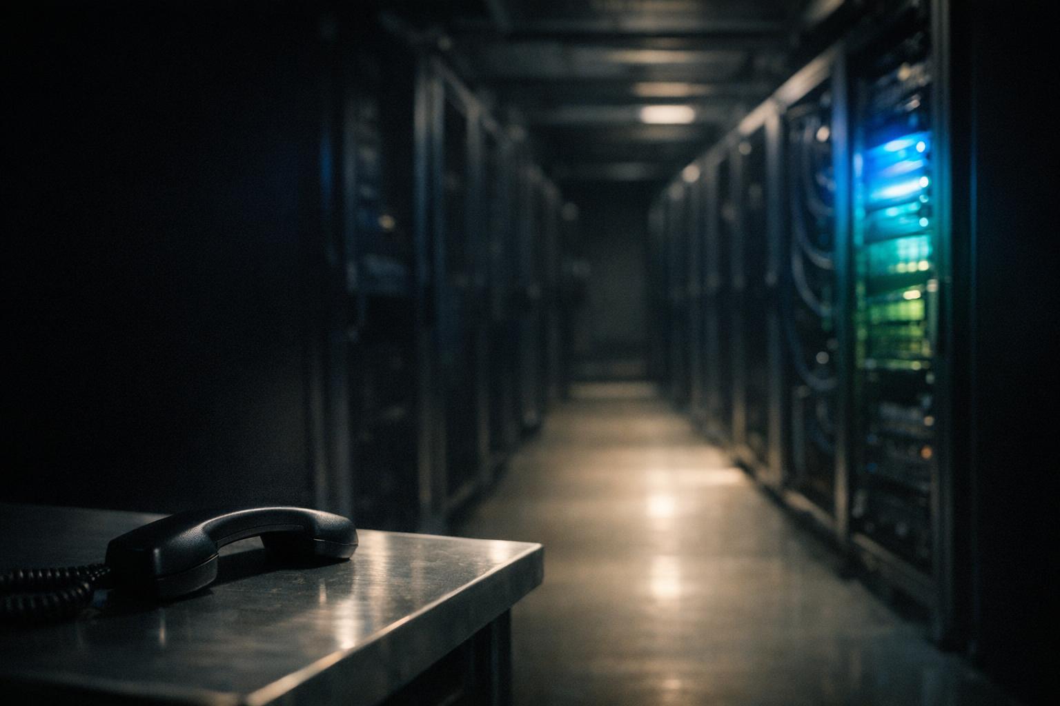 A dark server aisle in a New Zealand data centre at night, one rack glowing with a blue to green gradient, and a plain black desk telephone handset resting on a steel bench in the foreground.