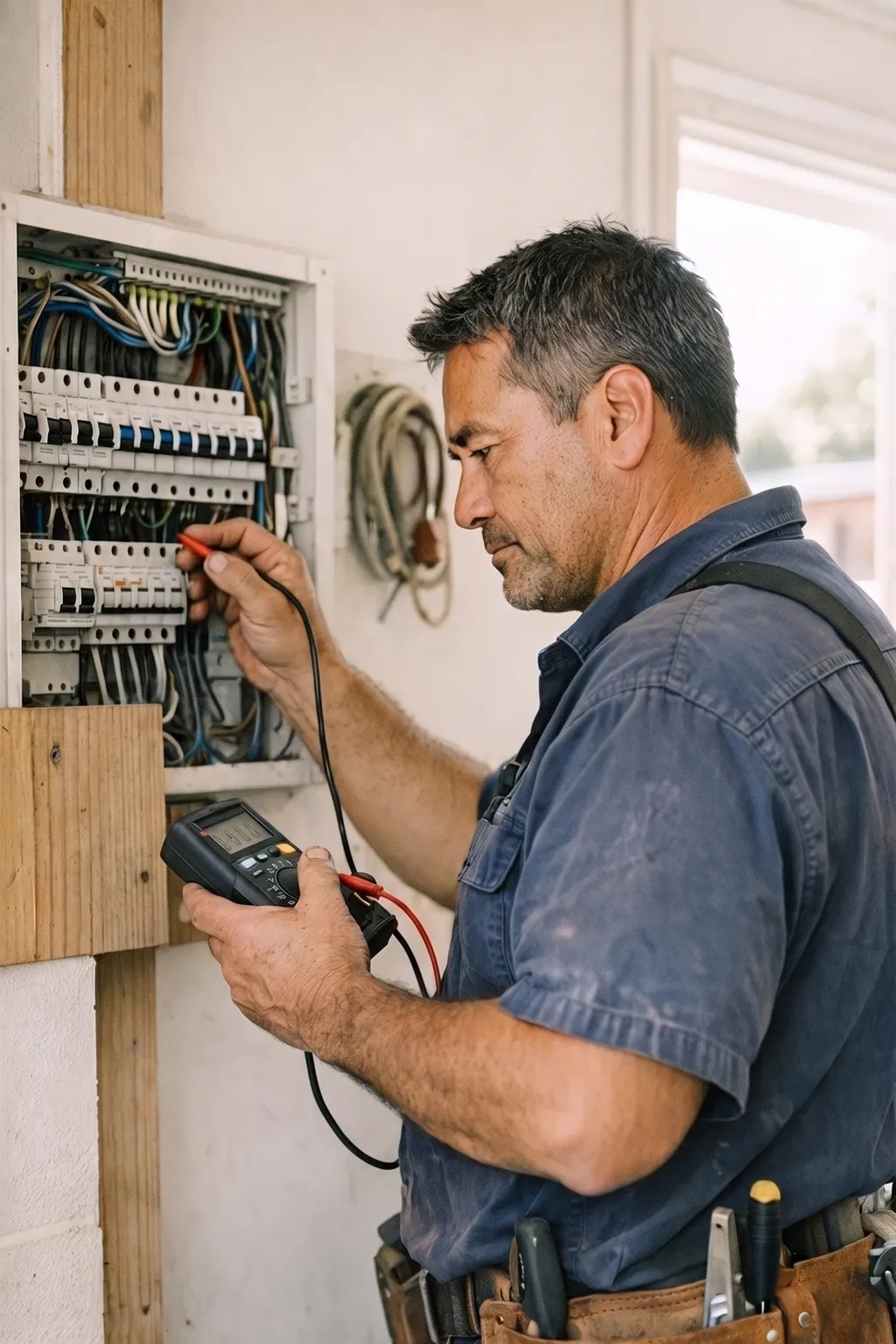 An electrician testing a switchboard with a multimeter before signing off the job